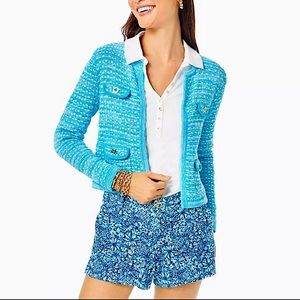 Lilly Pulitzer Kienna Cardigan, Cumulus Blue Metallic Marl, Size Large, NWT